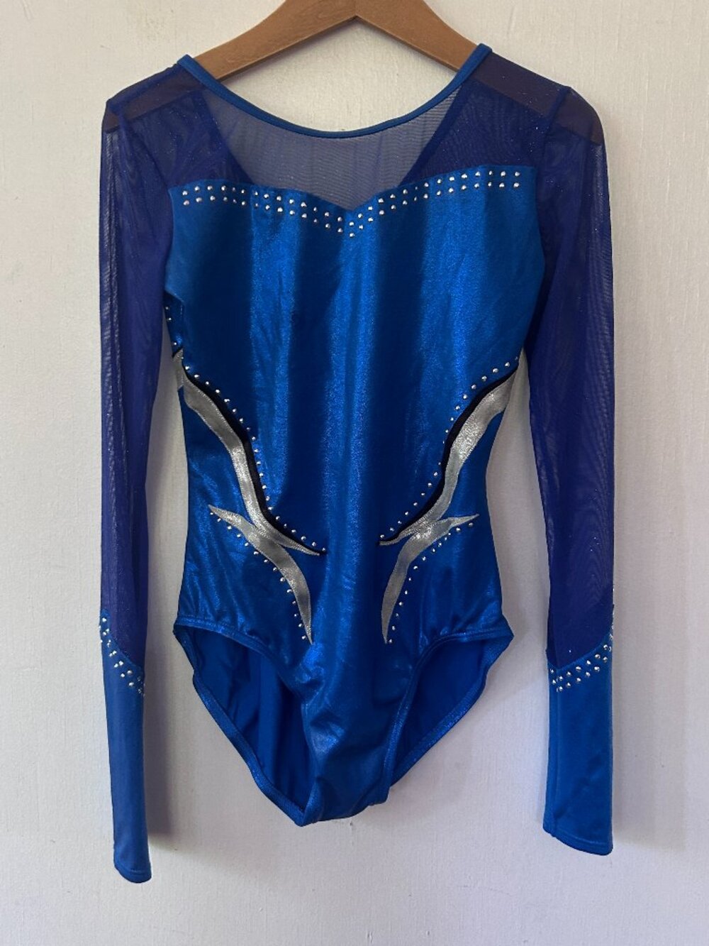 Balera Glitter Mesh Metallic Leotard Large Childs Blue Long Sleeve Dance Gymnast